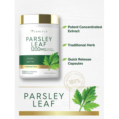 View 2 Carlyle Parsley Leaf capsules, 1200mg equivalent per 2, 300 count, quick release, non-gmo, gluten-free, potent extract.