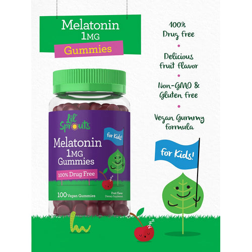 View 4 Product highlights graphic stating 100% drug free, delicious fruit flavor, non-GMO, gluten free, vegan gummy formula.