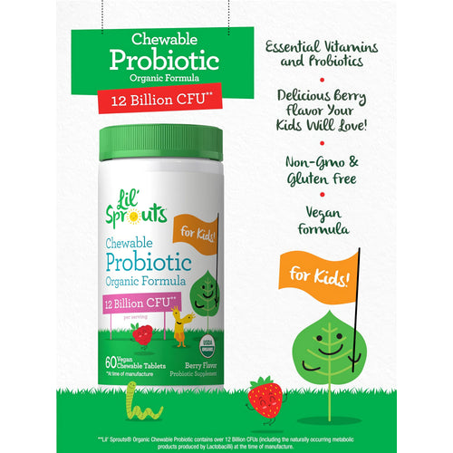 View 4 Product highlights graphic stating Essential Vitamins and Probiotics, Delicious Berry Flavor Kids Will Love, Non-GMO, Gluten-Free, Vegan.