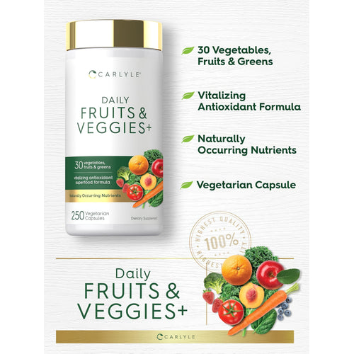 View 4 Product highlights graphic stating 30 Veggies, Fruits & Greens, Vitalizing Antioxidant Formula, Naturally Occurring Nutrients, Vegetarian Capsule.