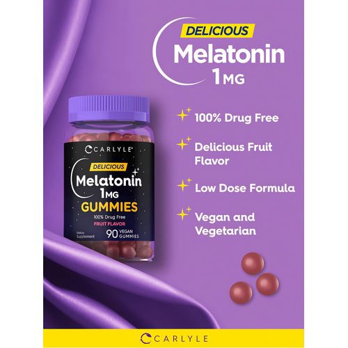 View 4 Product highlights graphic stating DELICIOUS Melatonin 1MG, 100% Drug Free, Delicious Fruit Flavor, Low Dose Formula, Vegan, Vegetarian.