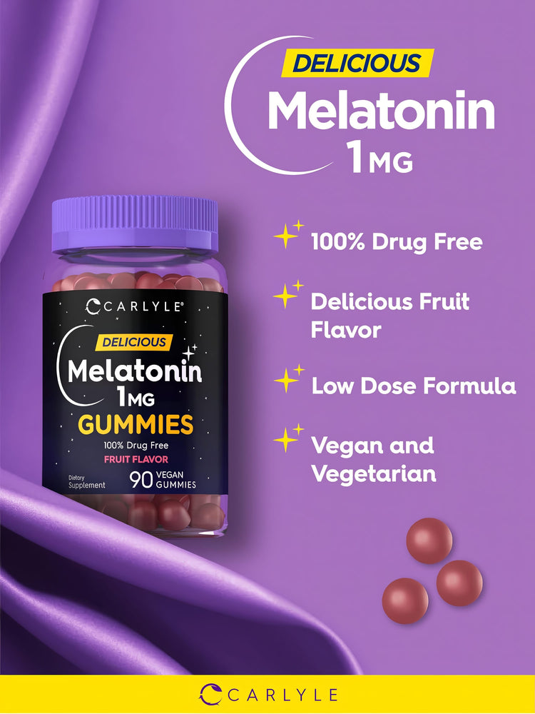 Product highlights graphic stating DELICIOUS Melatonin 1MG, 100% Drug Free, Delicious Fruit Flavor, Low Dose Formula, Vegan, Vegetarian.