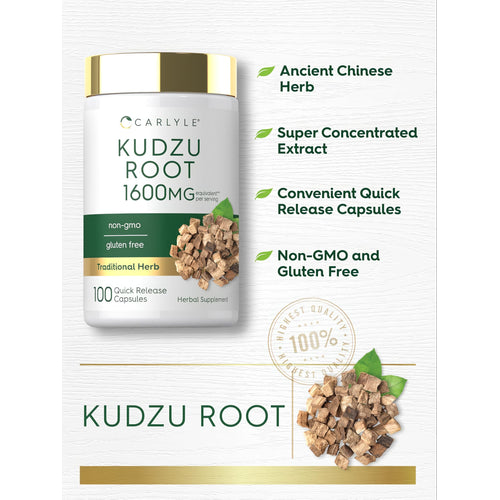 View 4 Carlyle Kudzu Root supplement, 1600mg, with 100 quick release capsules for convenient intake and health benefits.