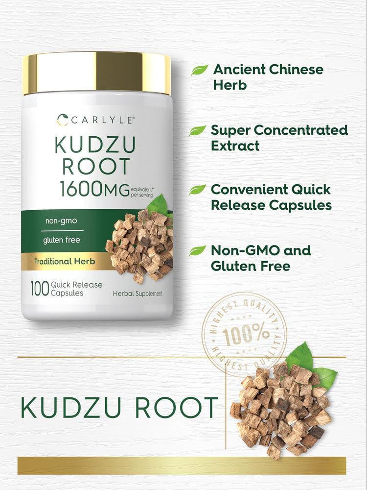 Carlyle Kudzu Root supplement, 1600mg, with 100 quick release capsules for convenient intake and health benefits.