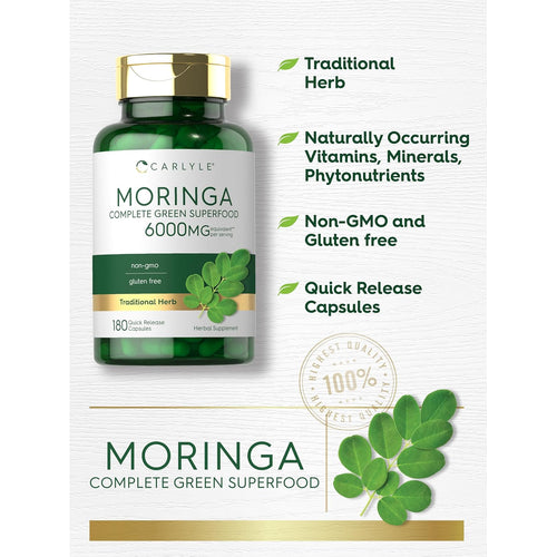 View 4 Product highlights graphic stating Traditional Herb, Naturally Occurring Vitamins, Minerals, Phytonutrients, Non-GMO and Gluten free, Quick Release Capsules