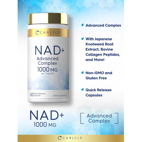View 4 Product highlights graphic stating Advanced Complex, Japanese Knotweed Root Ext, Bovine Collagen Peptides, Non-GMO & Gluten Free.