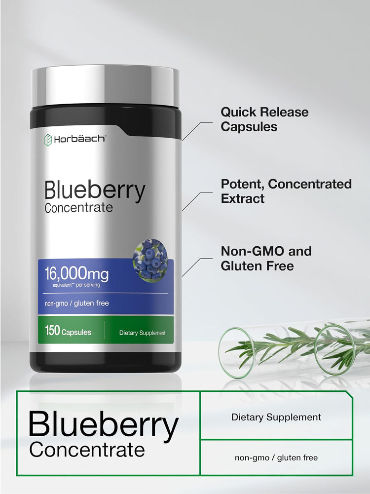 Blueberry Concentrate 16,000mg equivalent, 150 Quick Release Capsules. Non-GMO, Gluten Free, Potent, Concentrated Extract.