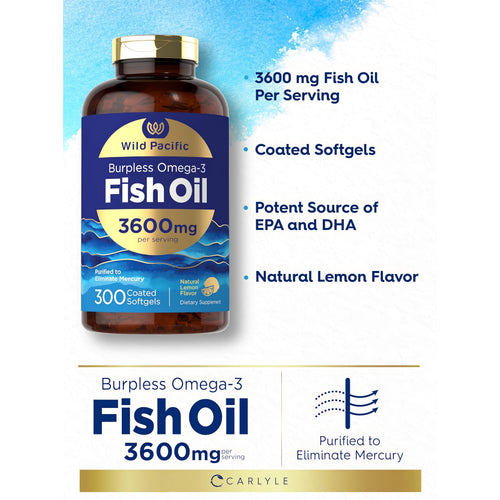 View 4 Product highlights graphic stating 3600 mg Fish Oil Per Serving, Coated Softgels, Potent Source of EPA and DHA, Natural Lemon Flavor.