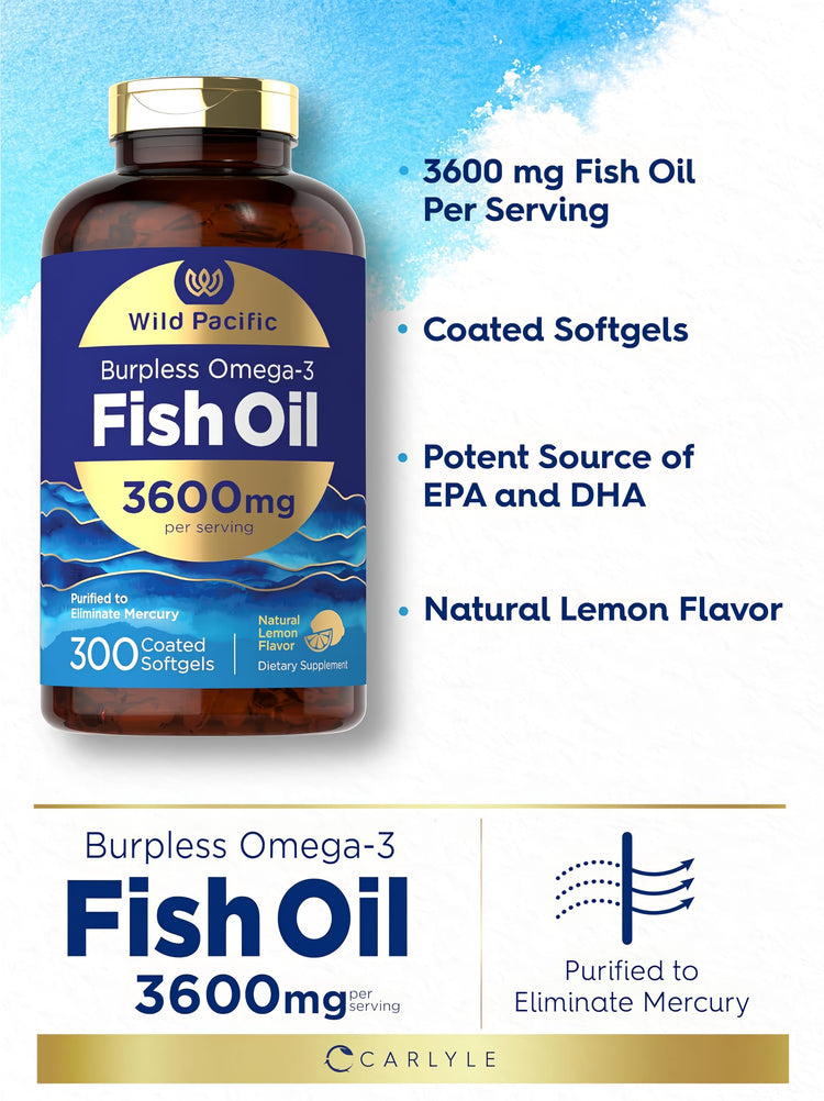 Product highlights graphic stating 3600 mg Fish Oil Per Serving, Coated Softgels, Potent Source of EPA and DHA, Natural Lemon Flavor.