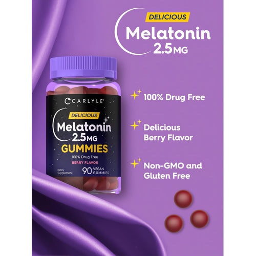 View 4 Carlyle DELICIOUS Melatonin 2.5 MG Gummies, Berry Flavor, 100% drug-free, with 90 vegan gummies as a dietary supplement.