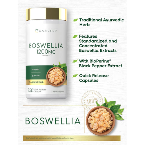 View 4 Product highlights graphic stating Traditional Ayurvedic Herb, Standardized & Concentrated Boswellia, BioPerine Black Pepper, Quick Release Capsules.