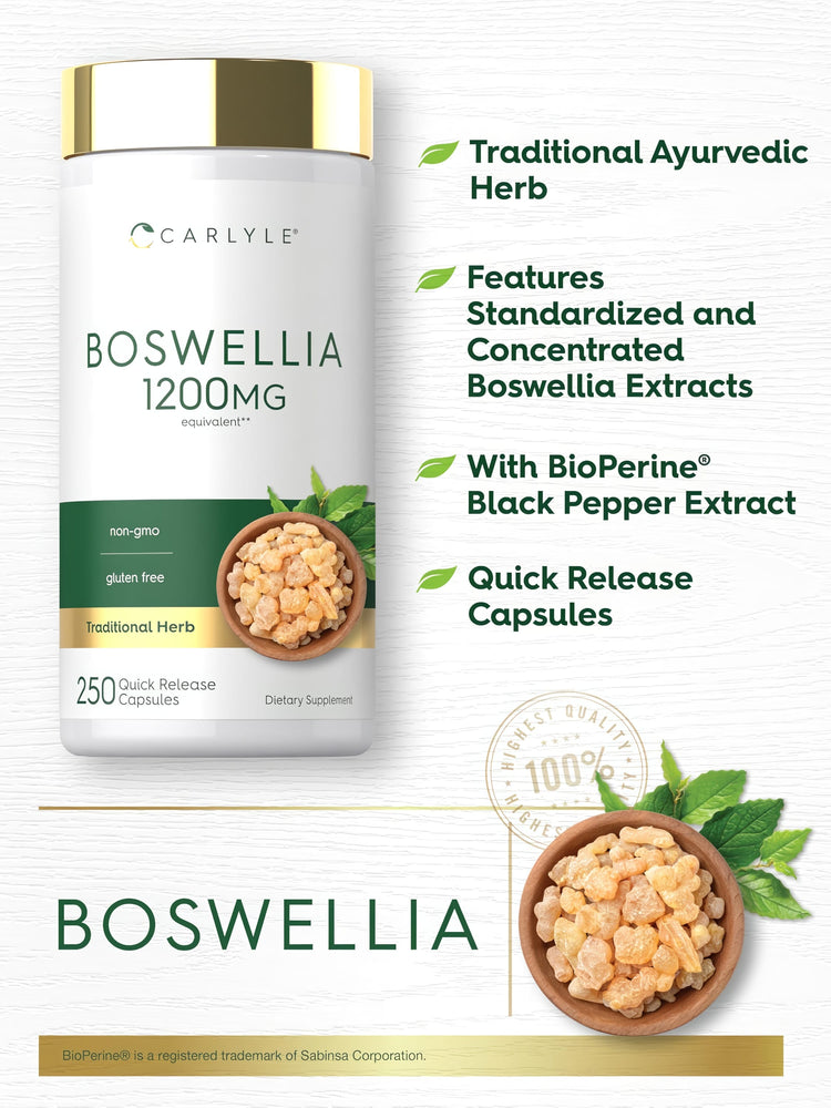 Product highlights graphic stating Traditional Ayurvedic Herb, Standardized & Concentrated Boswellia, BioPerine Black Pepper, Quick Release Capsules.