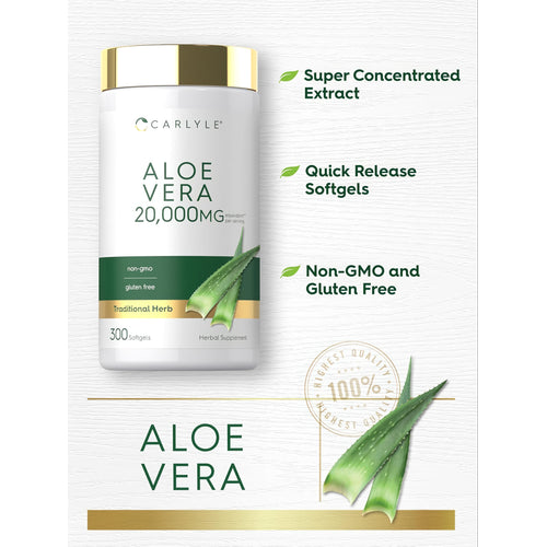 View 4 Carlyle Aloe Vera supplement provides 20,000MG equivalent per serving with 300 softgels.