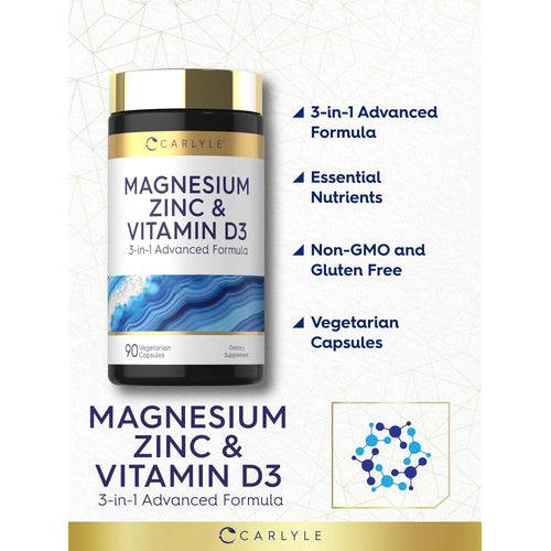 View 4 Product highlights graphic stating 3-in-1 Advanced Formula, Essential Nutrients, Non-GMO, Gluten Free, Vegetarian Capsules.