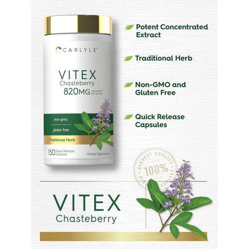 View 4 Carlyle Vitex Chasteberry herbal supplement with 820MG per serving, 150 quick-release capsules.