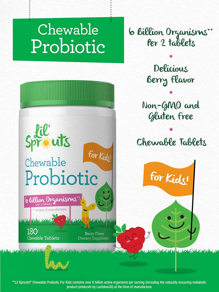 Product highlights graphic stating 6 Billion Organisms** per 2 tablets, Delicious Berry flavor, Non-GMO, Gluten-free, Chewable Tablets.