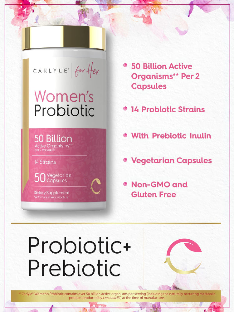 Product highlights graphic stating 50 Billion Organisms** / 2 Capsules, 14 Probiotic Strains, Prebiotic Inulin, Vegetarian Caps, Non-GMO.