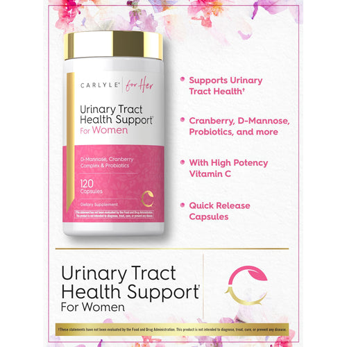 View 4 Product highlights graphic stating supports urinary tract health: Cranberry, D-Mannose, Probiotics, Vitamin C, Quick Release Capsules.