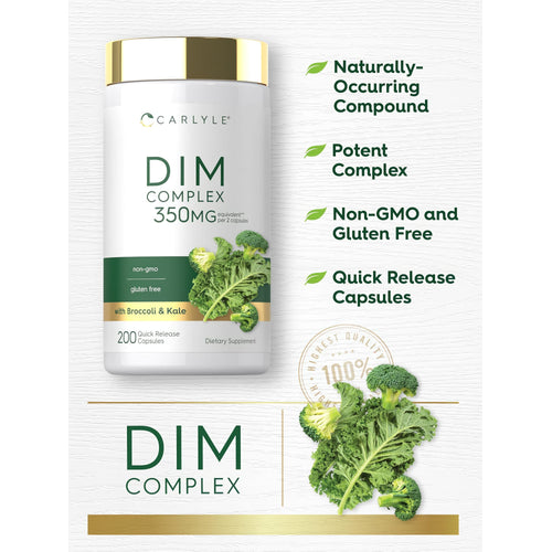 View 4 Carlyle DIM Complex 350 mg per 2 capsules with 200 Quick Release Capsules in the bottle.