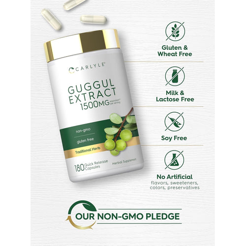 View 5 Guggul Extract bottle with icons indicating gluten, wheat, milk, lactose, soy free; no artificial flavors, sweeteners, colors, GMOs.