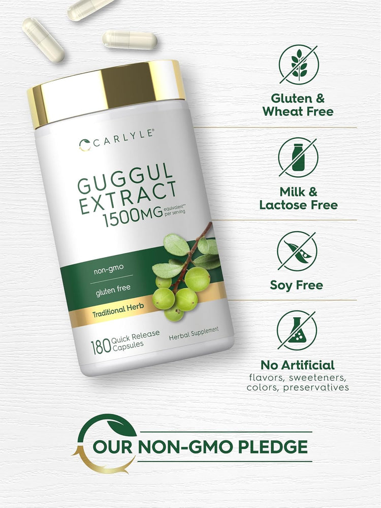 Guggul Extract bottle with icons indicating gluten, wheat, milk, lactose, soy free; no artificial flavors, sweeteners, colors, GMOs.