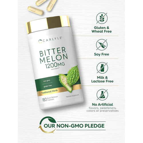 View 5 Bitter Melon bottle with icons indicating Gluten & Wheat Free, Soy Free, Milk & Lactose Free, Non-GMO, and no artificial additives.