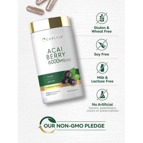 View 5 Carlyle Acai Berry 6000mg per serving, 250 Quick Release Capsules herbal supplement in a clear bottle.