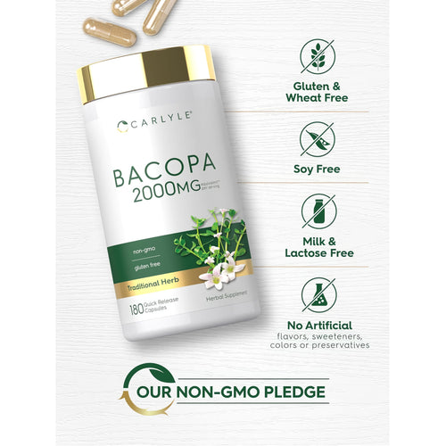 View 5 Bacopa Monnieri capsules providing 2000mg equivalent per serving, available in 180 quick-release capsules.