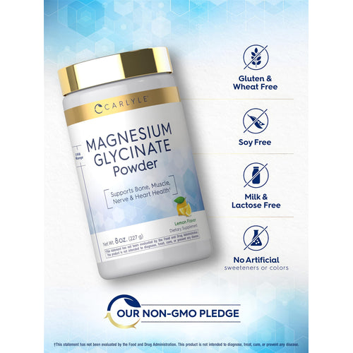 View 5 Magnesium Glycinate Powder bottle with icons indicating gluten-free, soy-free, lactose-free, no artificial additives, non-GMO.