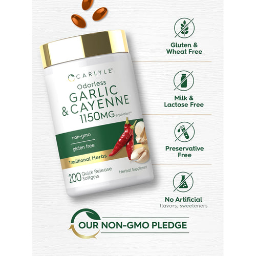 View 5 Garlic & Cayenne bottle with icons indicating Gluten & Wheat Free, Milk & Lactose Free, Preservative Free, Non-GMO, No Artificial Flavors/Sweeteners.