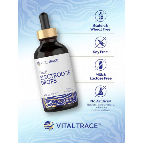 View 5 Electrolyte Drops bottle with icons indicating gluten, wheat, soy, milk, lactose free, no artificial flavors, sweeteners, colors.