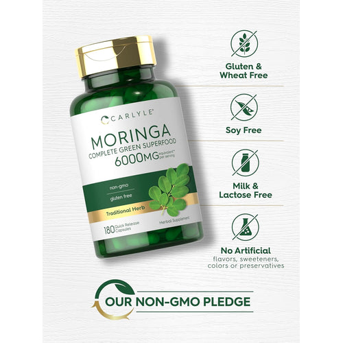 View 5 Moringa Complete Green Superfood, 6000mg per serving, 180 quick-release capsules.