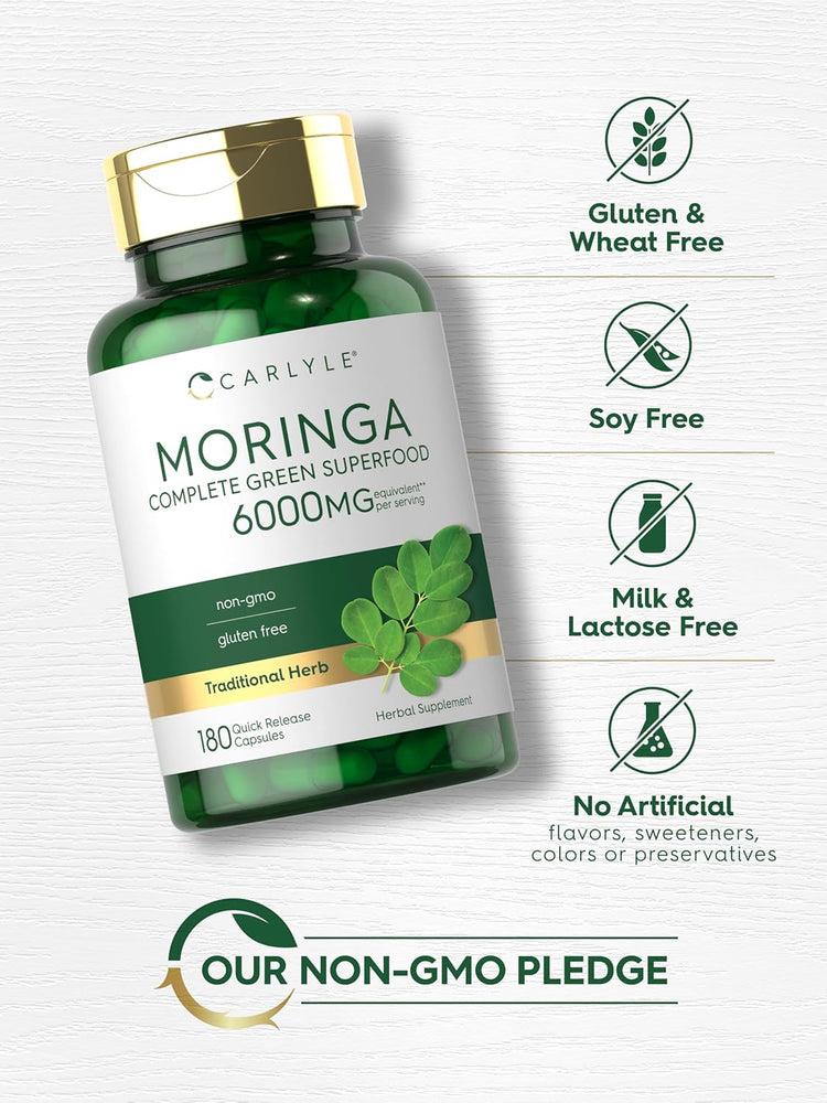 Moringa Complete Green Superfood, 6000mg per serving, 180 quick-release capsules.