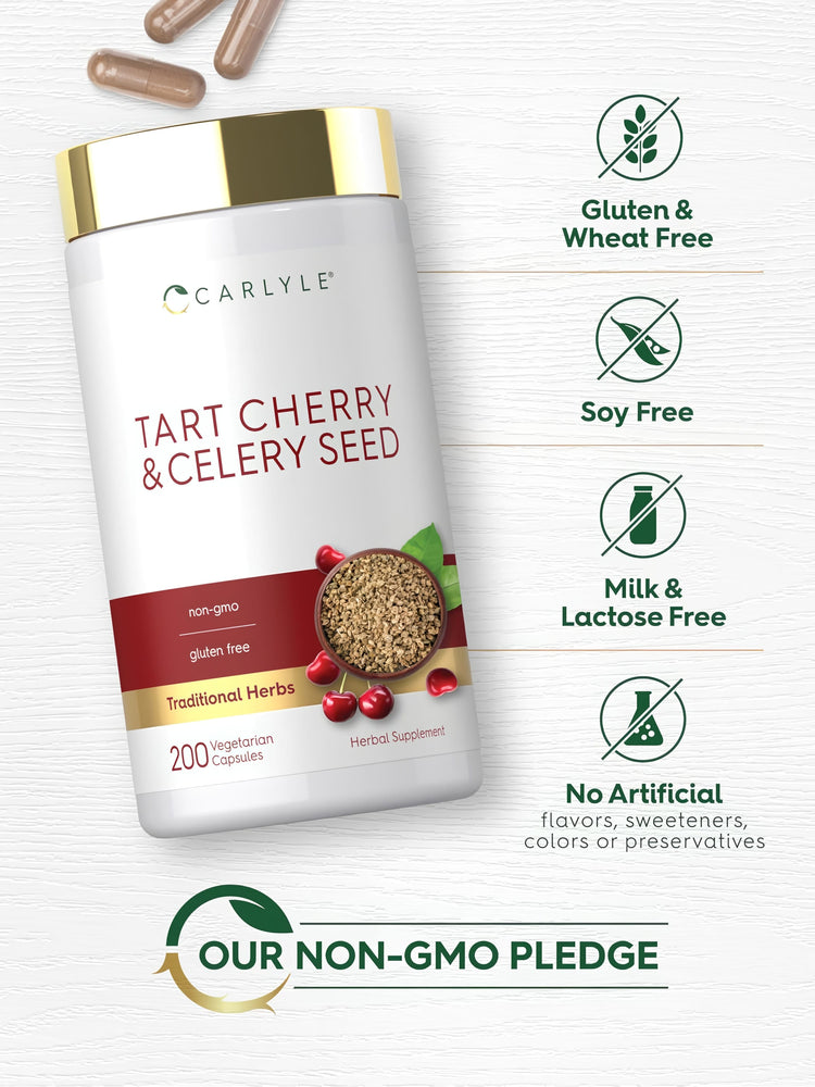 Tart Cherry & Celery Seed bottle with icons indicating gluten-free, soy-free, lactose-free, no artificial additives, non-GMO.