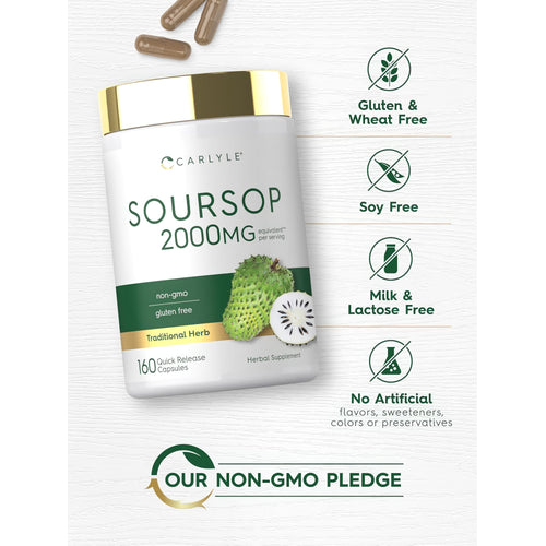 View 5 Soursop bottle showing it's gluten, wheat, soy, milk, lactose free, with no artificial flavors, sweeteners, colors, or preservatives.