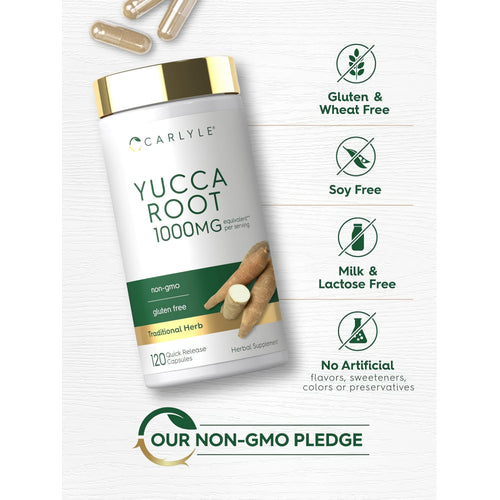 View 5 Carlyle Yucca Root 1000MG capsules, non-GMO, gluten-free, 120 quick-release capsules per serving.
