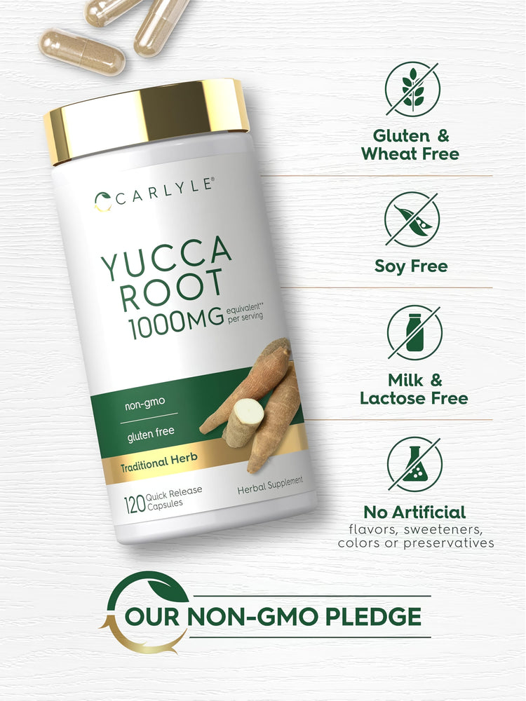 Carlyle Yucca Root 1000MG capsules, non-GMO, gluten-free, 120 quick-release capsules per serving.