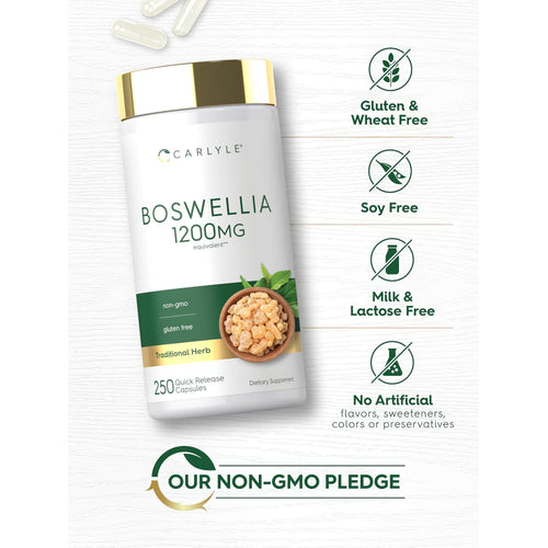 View 5 Boswellia bottle with icons indicating Gluten & Wheat Free, Soy Free, Milk & Lactose Free, No Artificial Flavors, Non-GMO.