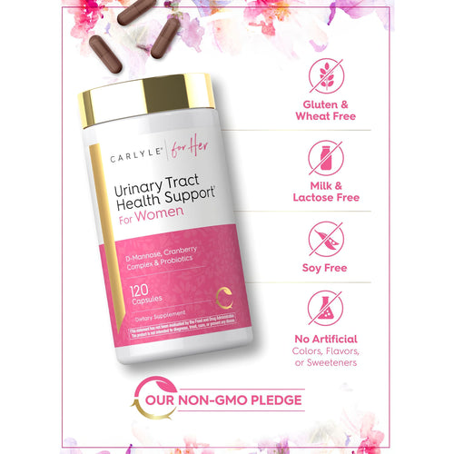 View 5 Urinary Tract Health bottle with icons indicating gluten-free, lactose-free, soy-free, no artificial additives, and non-GMO.