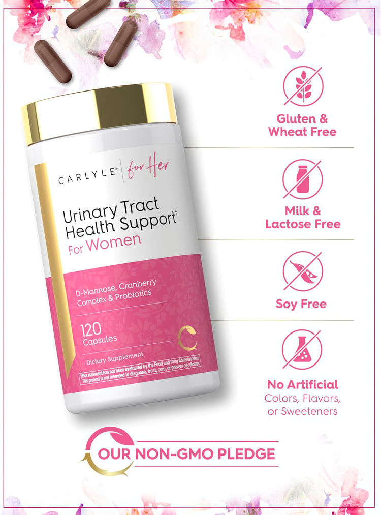 Urinary Tract Health bottle with icons indicating gluten-free, lactose-free, soy-free, no artificial additives, and non-GMO.