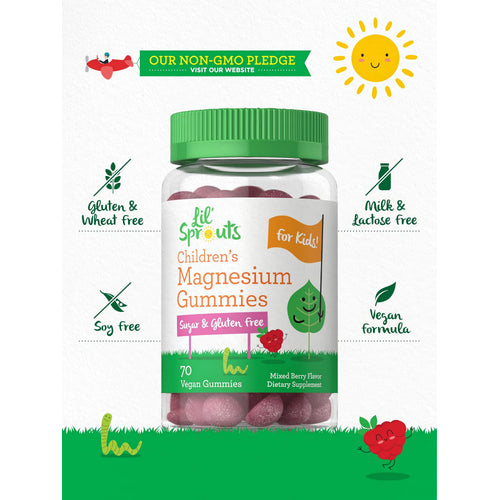View 5 Lil' Sprouts Children's Magnesium Gummies are sugar and gluten-free, mixed berry flavor, with 70 vegan gummies dietary supplement.