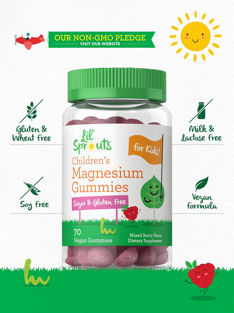 Lil' Sprouts Children's Magnesium Gummies are sugar and gluten-free, mixed berry flavor, with 70 vegan gummies dietary supplement.