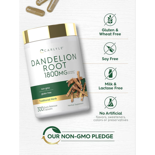 View 5 Dandelion Root bottle: Gluten & Wheat Free, Soy Free, Milk & Lactose Free, No Artificial Flavors/Sweeteners/Colors/Preservatives, Non-GMO