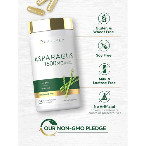 View 5 Bottle of 250 Quick Release Capsules, Asparagus 1600 mg per 2 Capsules, labeled non-GMO and gluten free.
