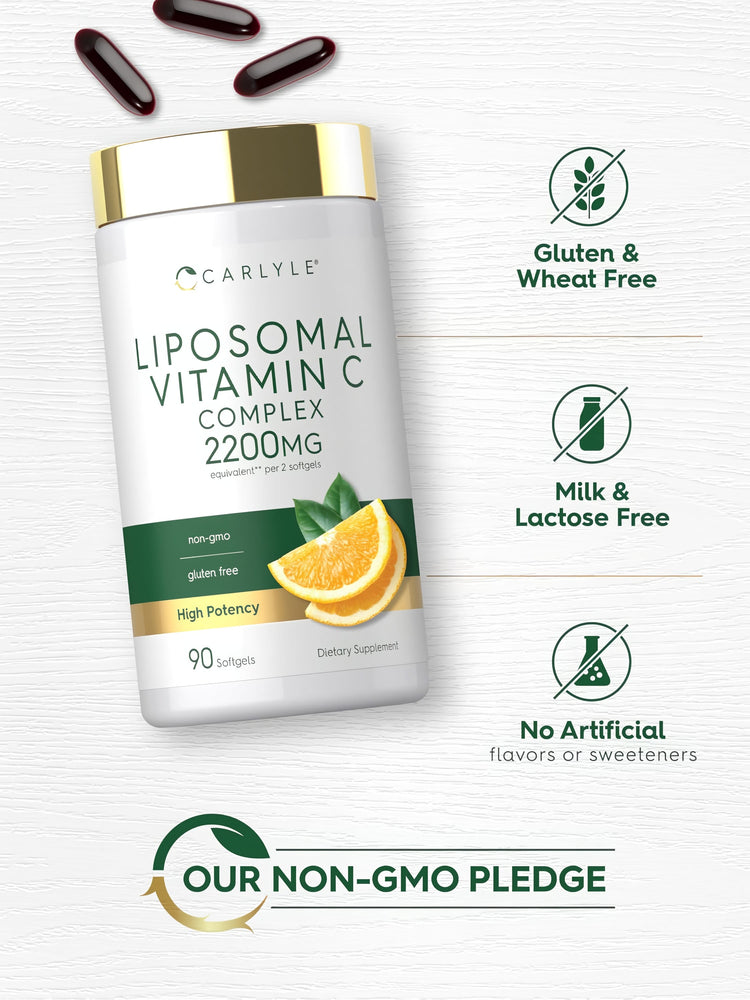 Liposomal Vitamin C bottle with icons indicating Gluten & Wheat Free, Milk & Lactose Free, No Artificial Flavors, Our Non-GMO Pledge.