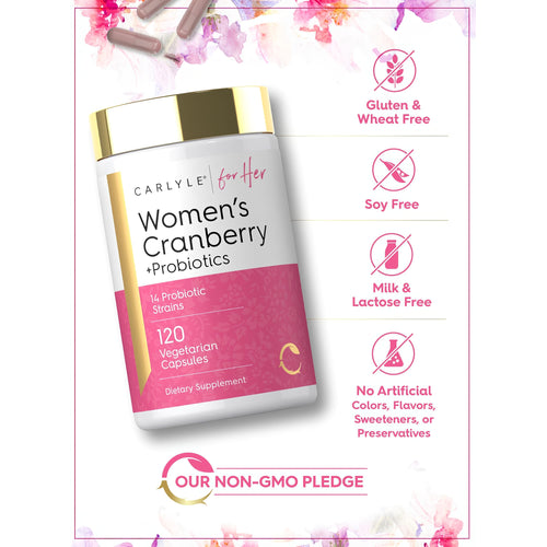 View 5 Cranberry + Probiotics bottle with icons indicating Gluten & Wheat Free, Soy Free, Milk & Lactose Free, No Artificial Colors/Flavors.