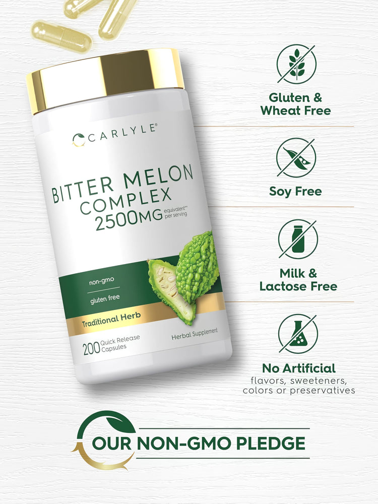 Bitter Melon bottle: Gluten & Wheat Free, Soy Free, Milk & Lactose Free, No Artificial Flavors/Sweeteners/Colors/Preservatives, Non-GMO