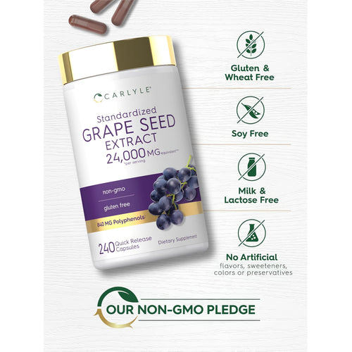 View 5 Grape Seed Extract bottle with icons indicating gluten-free, soy-free, milk-free, no artificial ingredients, and non-GMO.