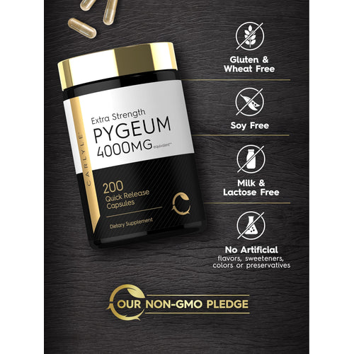 View 5 Pygeum bottle with icons indicating Gluten, Wheat, Soy, Milk, Lactose Free, No Artificial Flavors, Sweeteners, Colors, Preservatives.