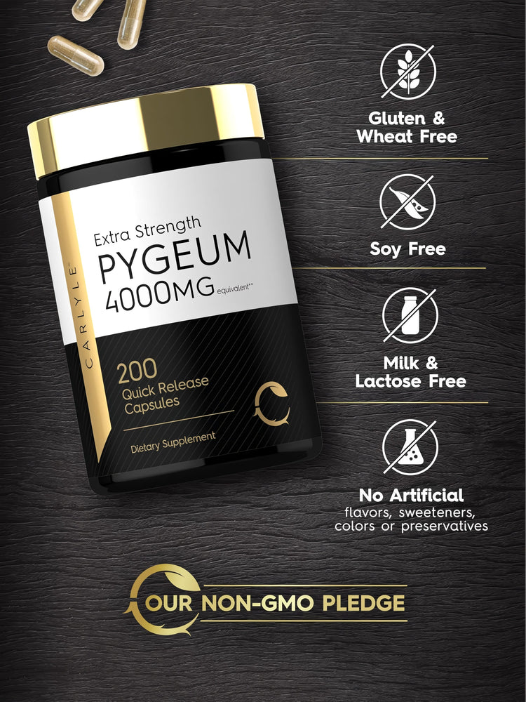 Pygeum bottle with icons indicating Gluten, Wheat, Soy, Milk, Lactose Free, No Artificial Flavors, Sweeteners, Colors, Preservatives.